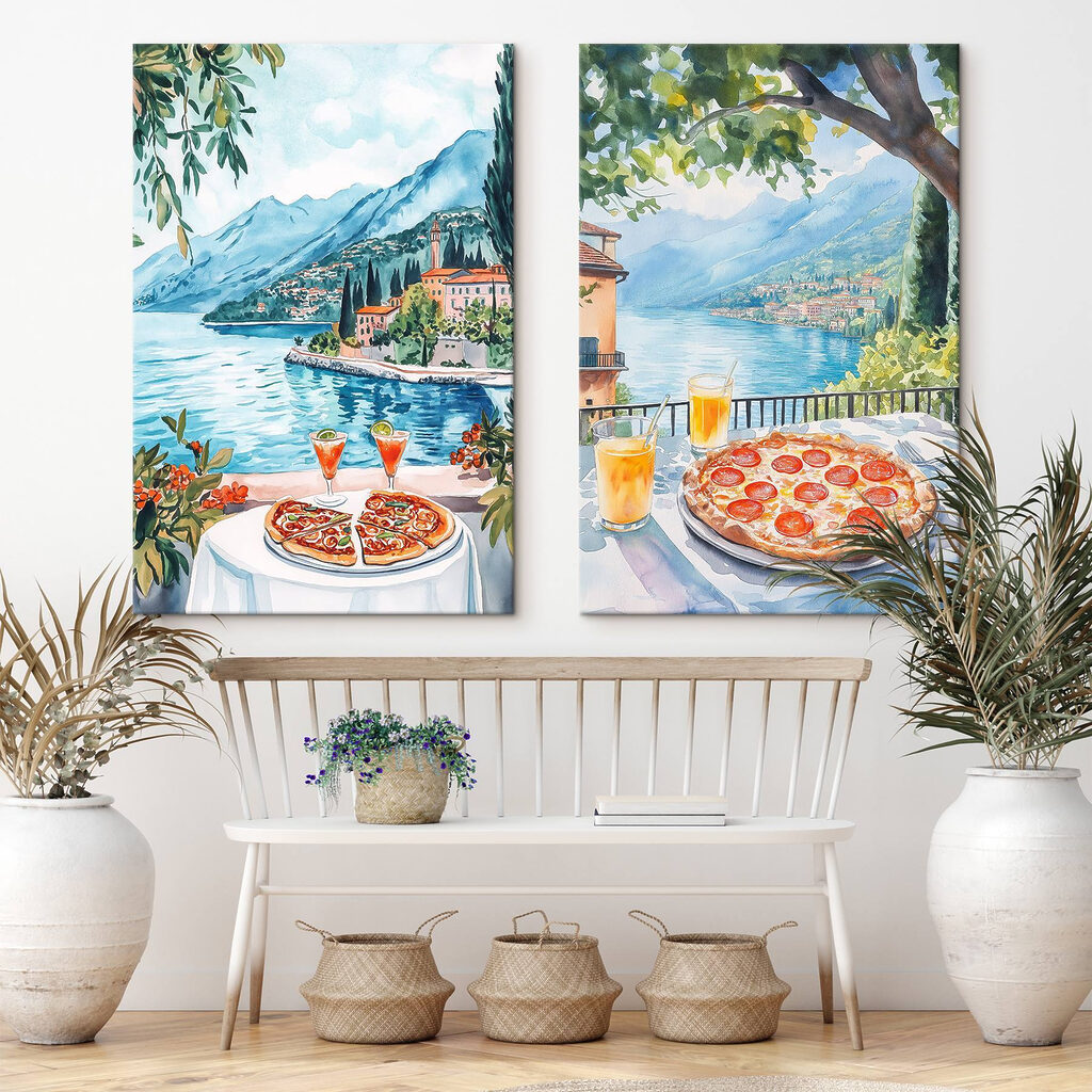 Pizza face au lac dans un intérieur