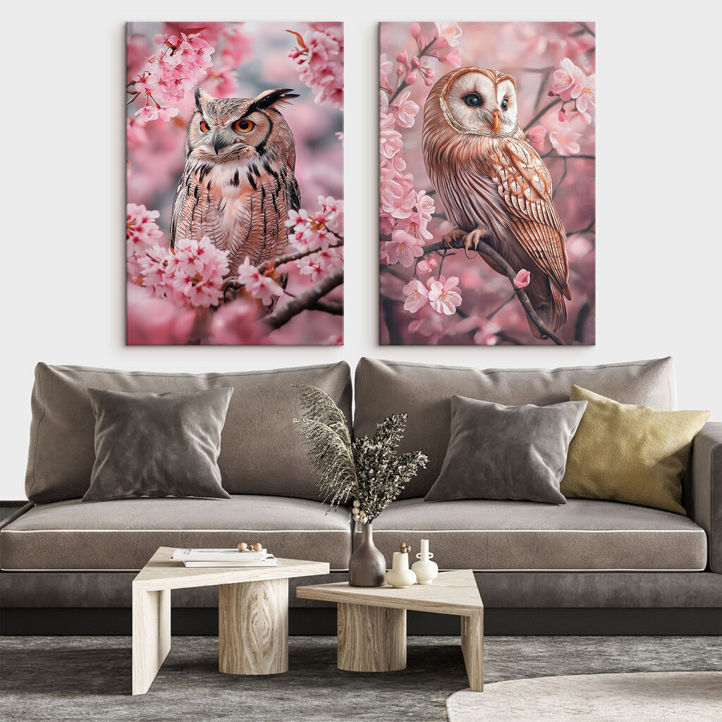 Chouettes parmi les fleurs dans un intérieur