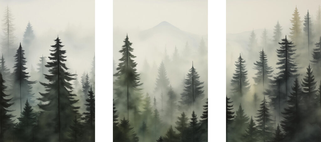 Conifères dans la brume — motif complet