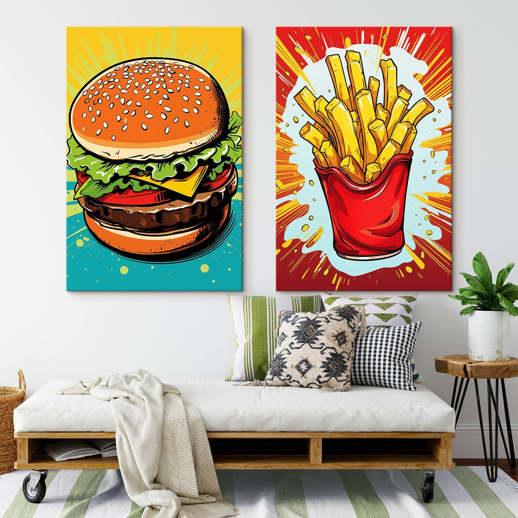 Burger et frites dans un intérieur