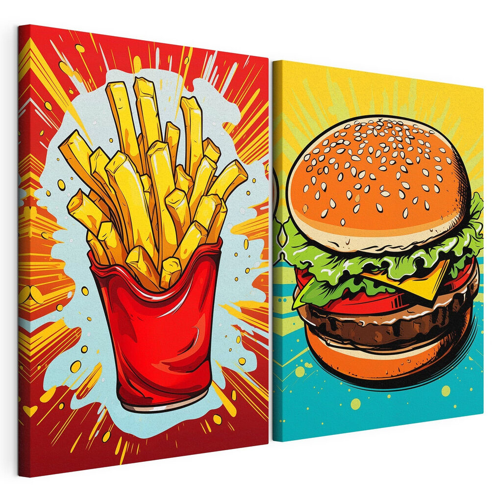 Burger et frites, toile tendue et bord enveloppé