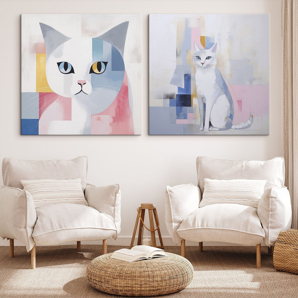 Chats en aplats colorés dans un intérieur