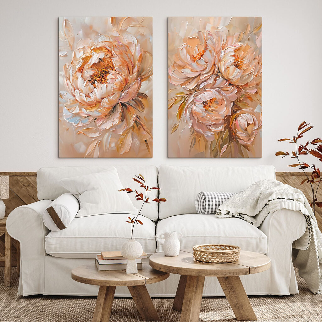 Pivoines aux tons pêche dans un intérieur