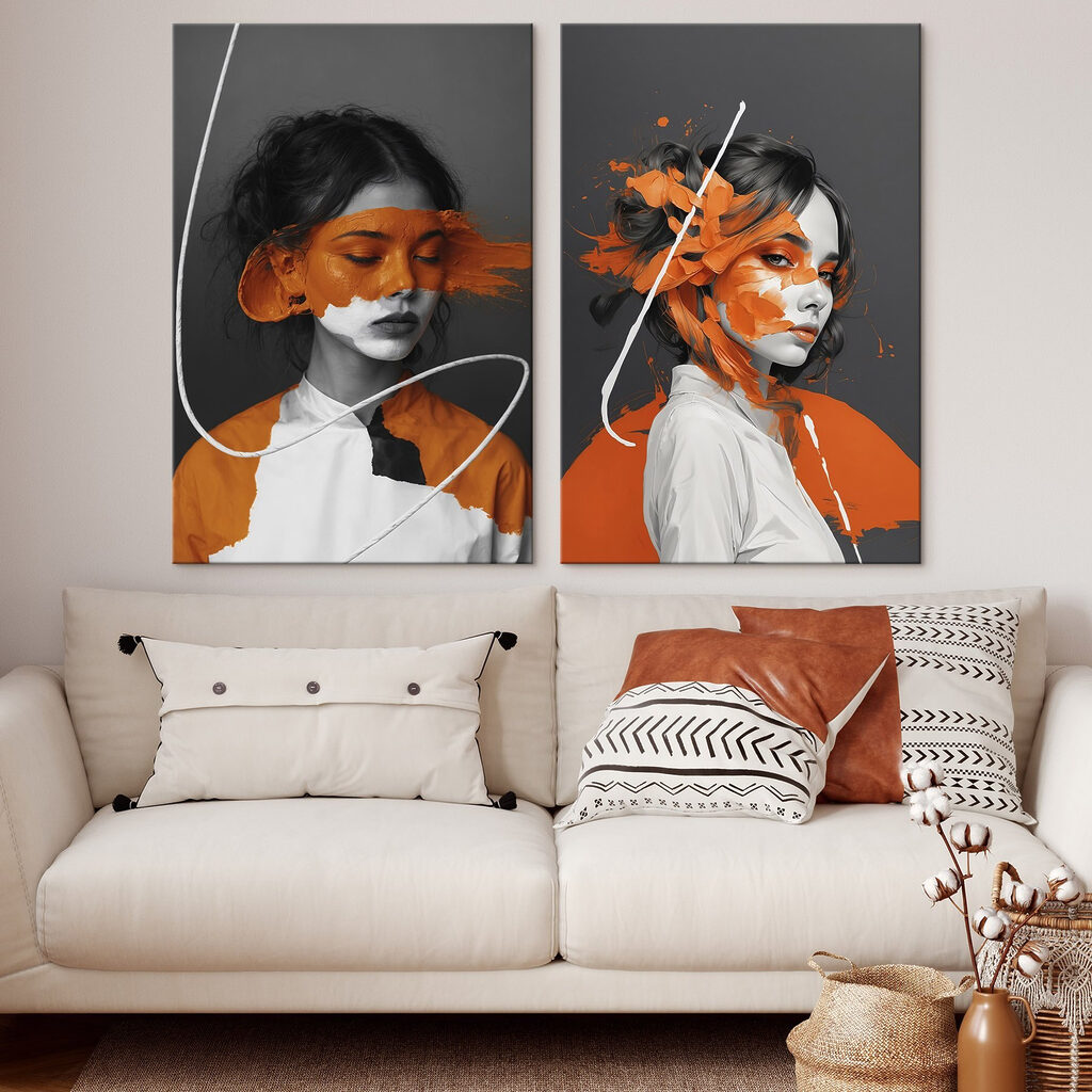 Visages éclaboussés d’orange dans un intérieur