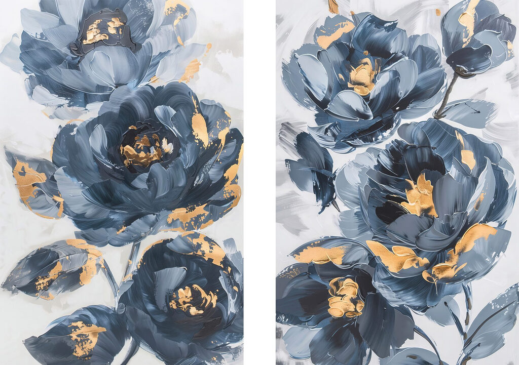 Fleurs bleues rehaussées d’or — motif complet