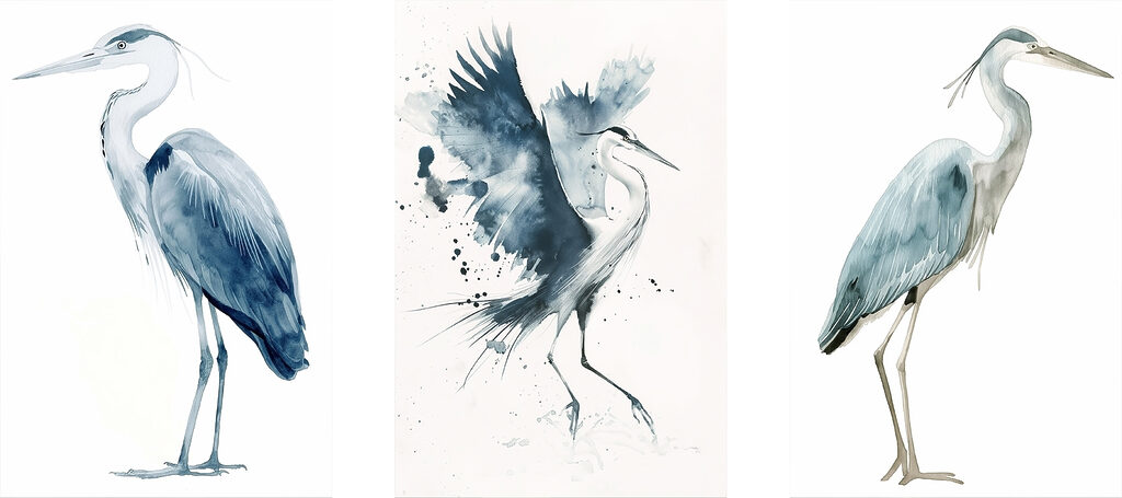 Hérons à l’aquarelle — motif complet