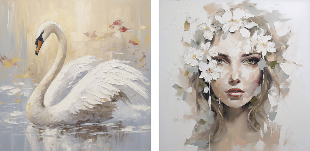 Cygne et portrait fleuri — motif complet