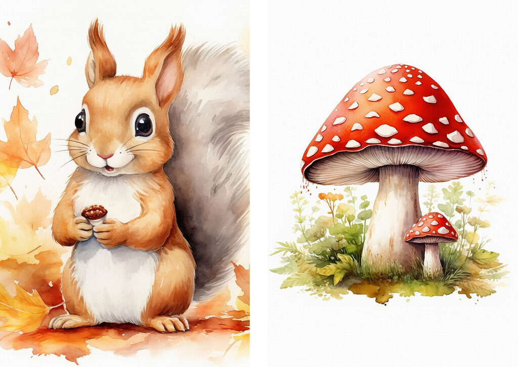 Écureuil et champignon — motif complet