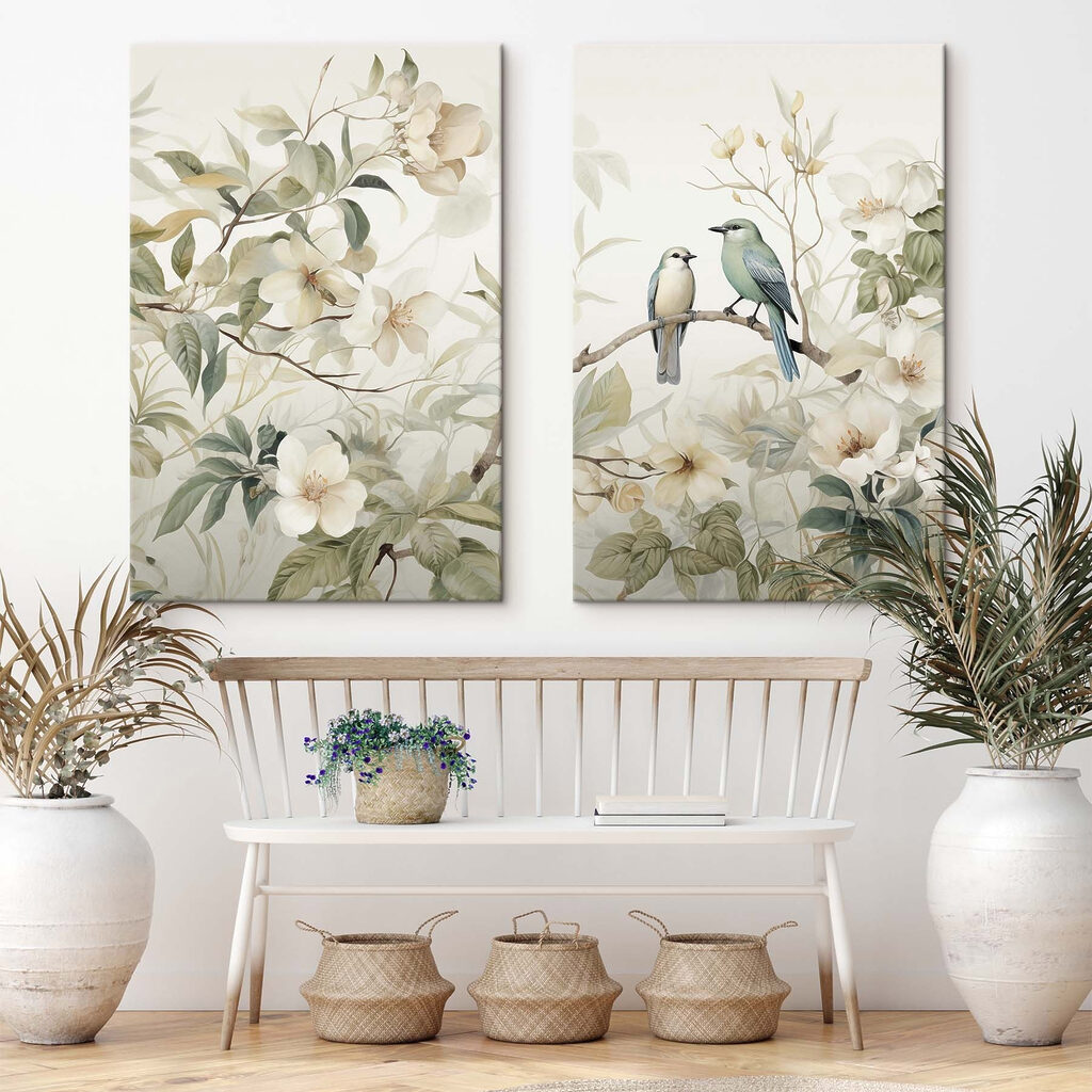 Oiseaux et branches fleuries dans un intérieur