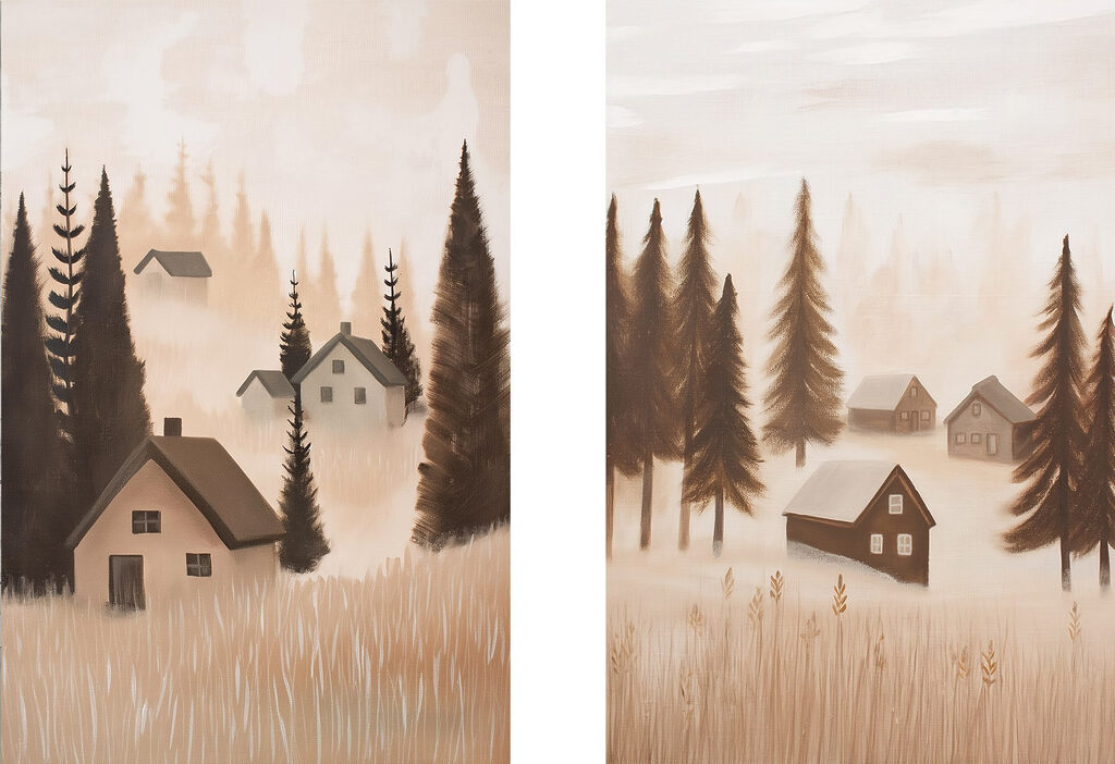 Village dans la brume — motif complet