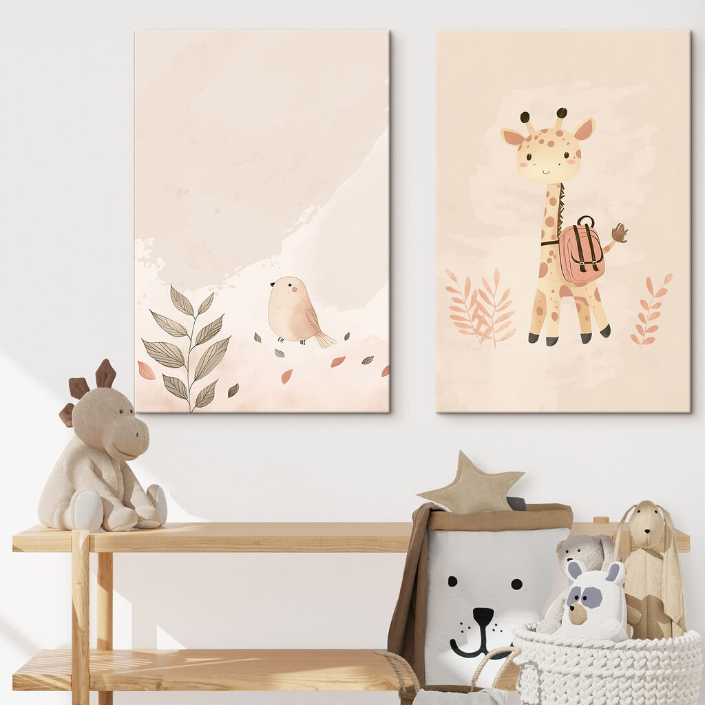 Girafe en bonne compagnie dans un intérieur