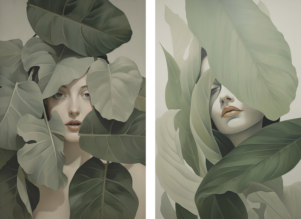 Visage parmi les feuilles — motif complet