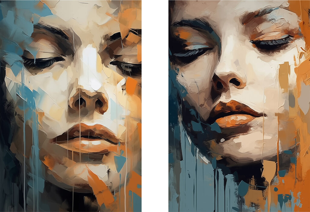 Visage orange et bleu — motif complet