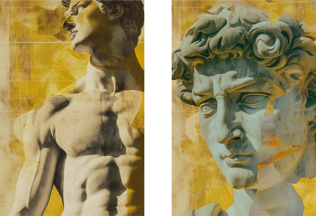Statue sur fond jaune — motif complet
