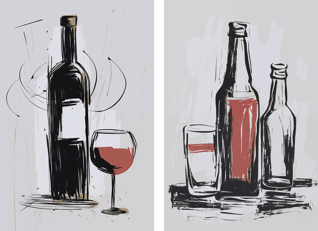Bouteilles et verres — motif complet