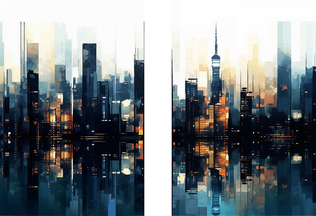 Ville illuminée sur l’eau — motif complet