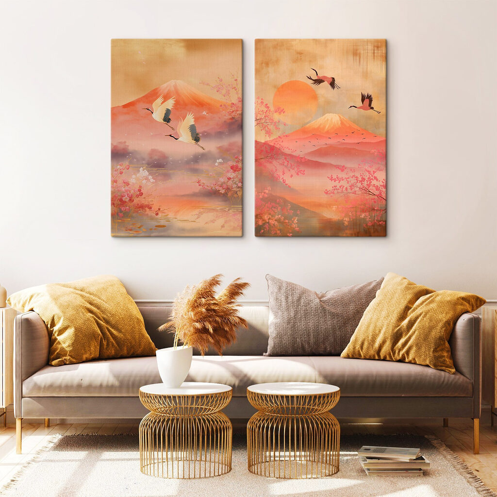 Oiseaux et montagnes rouges dans un intérieur