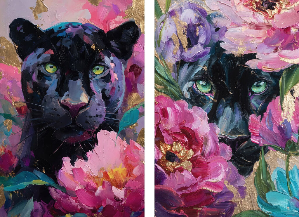 Panthère parmi les fleurs — motif complet