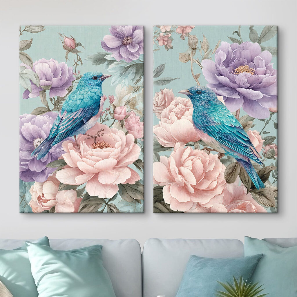 Oiseaux parmi les fleurs dans un intérieur