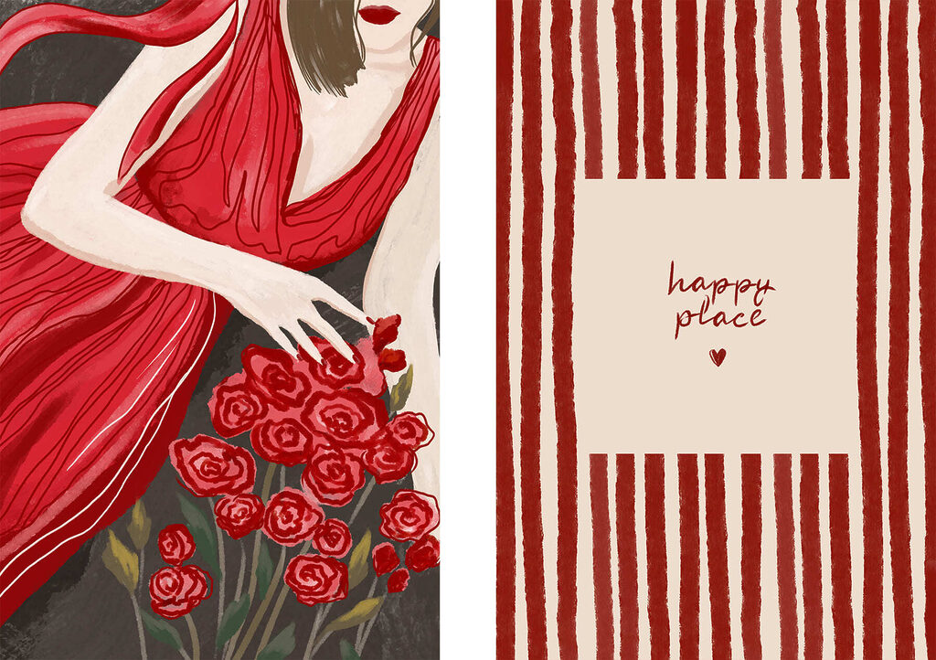 Femme en robe rouge — motif complet