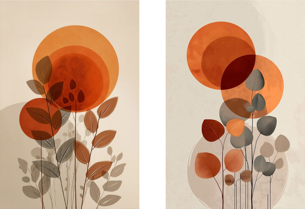Cercles orangés et feuillage — motif complet