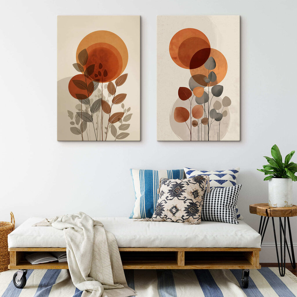 Cercles orangés et feuillage — intérieur 1