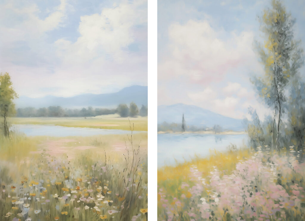 Prairie fleurie et rivière — motif complet