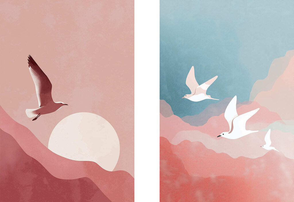 Ciel rose et oiseaux — motif complet
