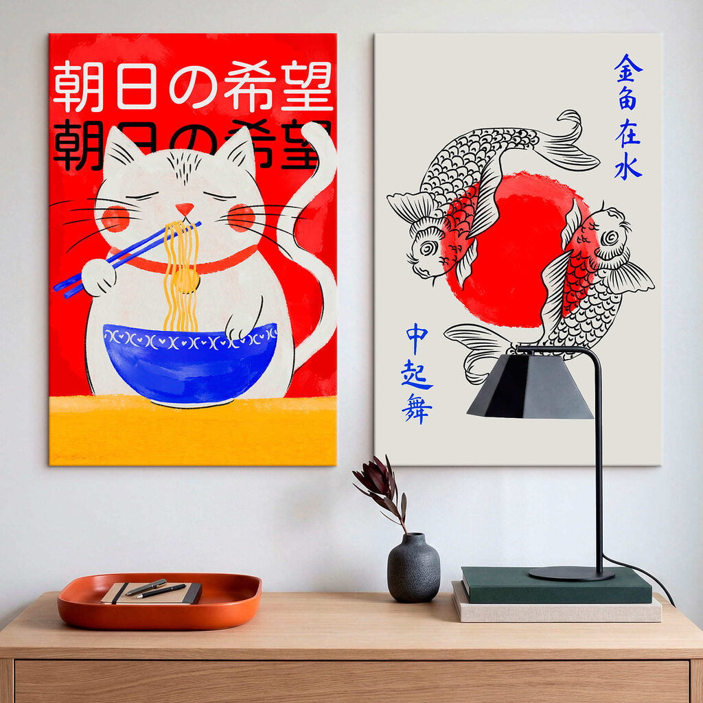 Chat gourmand et poissons dans un intérieur