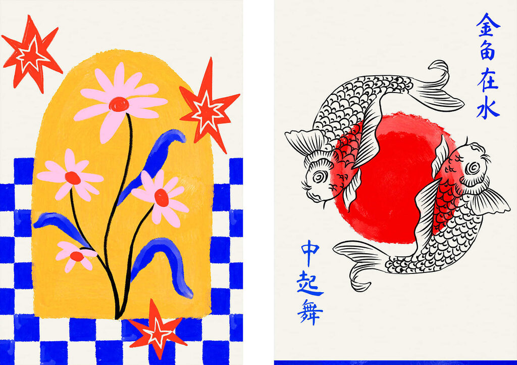 Fleurs et poissons dansants — motif complet