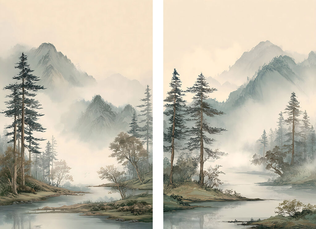 Conifères et rivière — motif complet