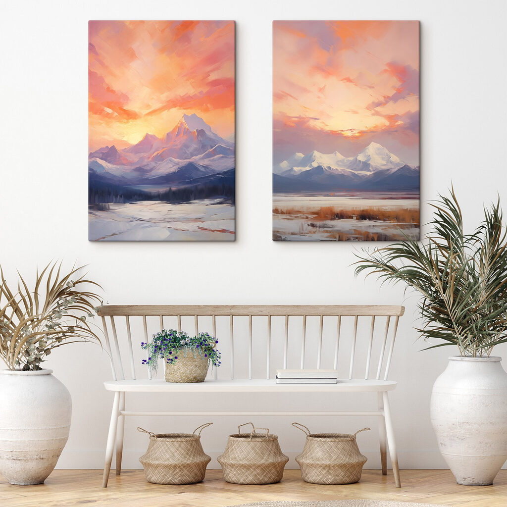 Montagnes au couchant rose dans un intérieur