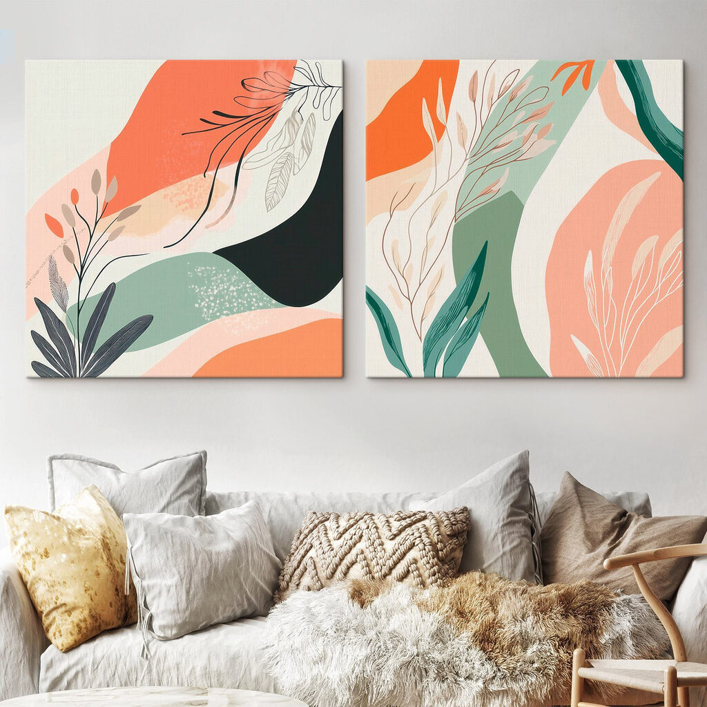 Feuilles et aplats ludiques dans un intérieur