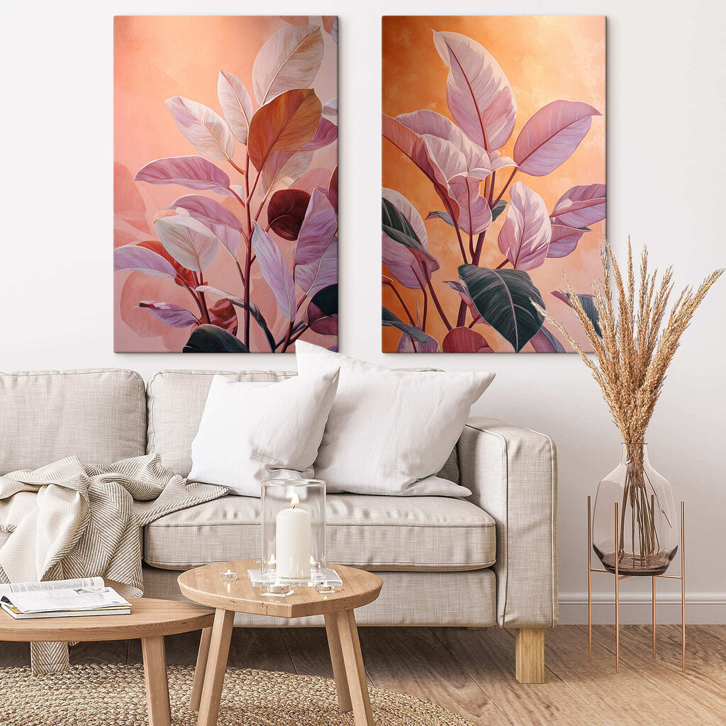Feuilles roses au couchant dans un intérieur
