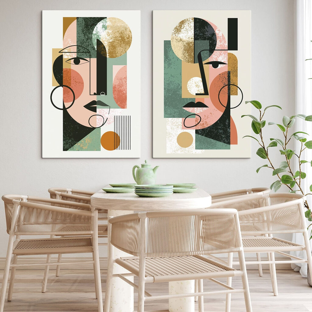 Visages en aplats colorés dans un intérieur