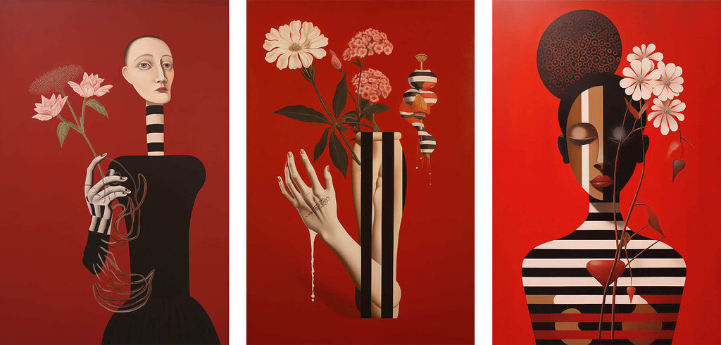 Fleurs et silhouettes rayées — motif complet
