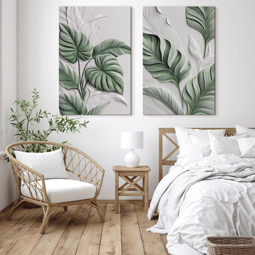 Feuillage vert sur gris dans un intérieur
