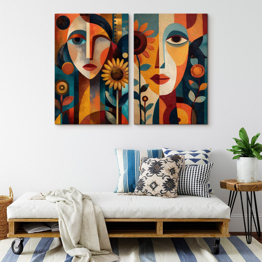 Visages et tournesols dans un intérieur