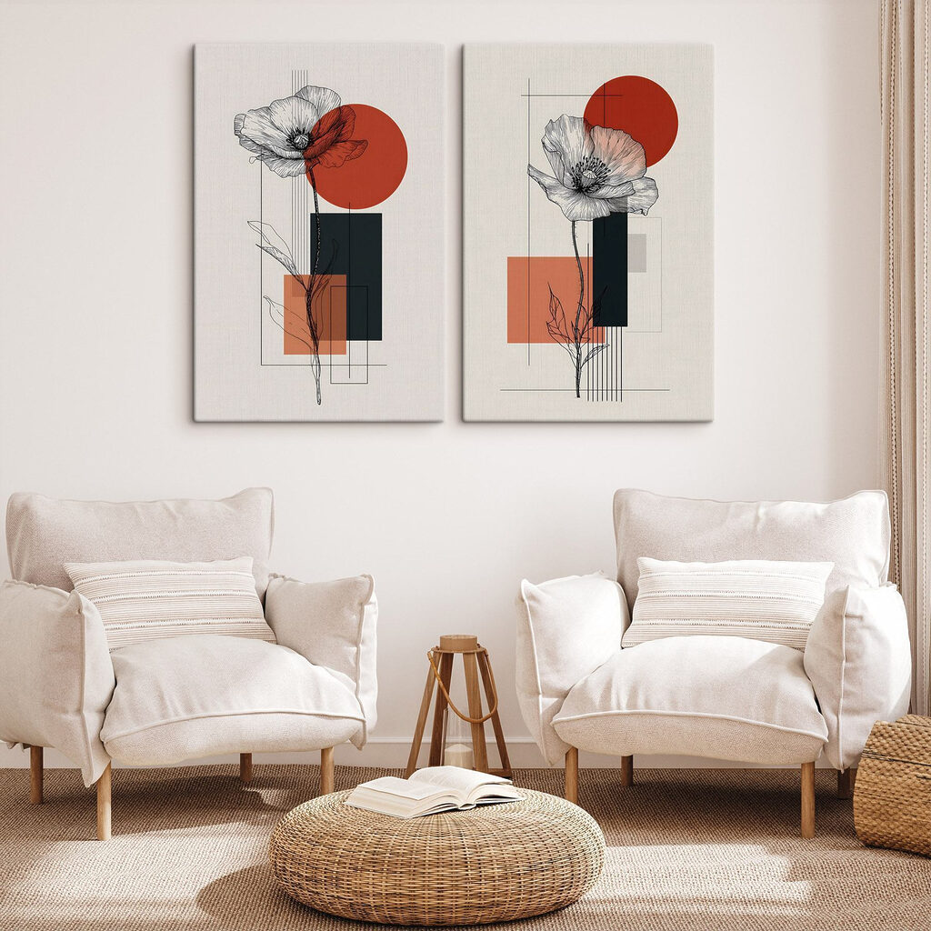 Traits floraux, formes rouges dans un intérieur
