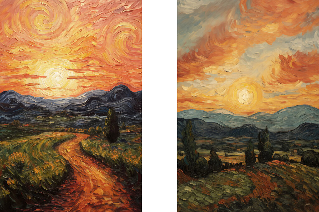 Soleil et champs sinueux — motif complet