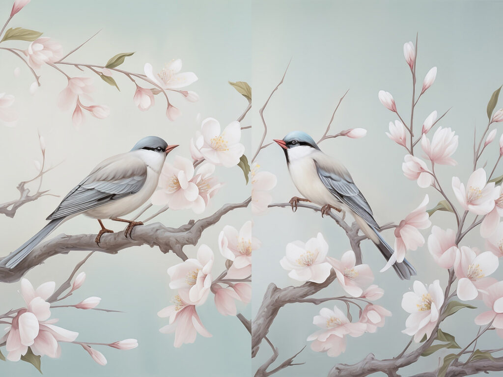 Oiseaux sur branches fleuries — motif complet