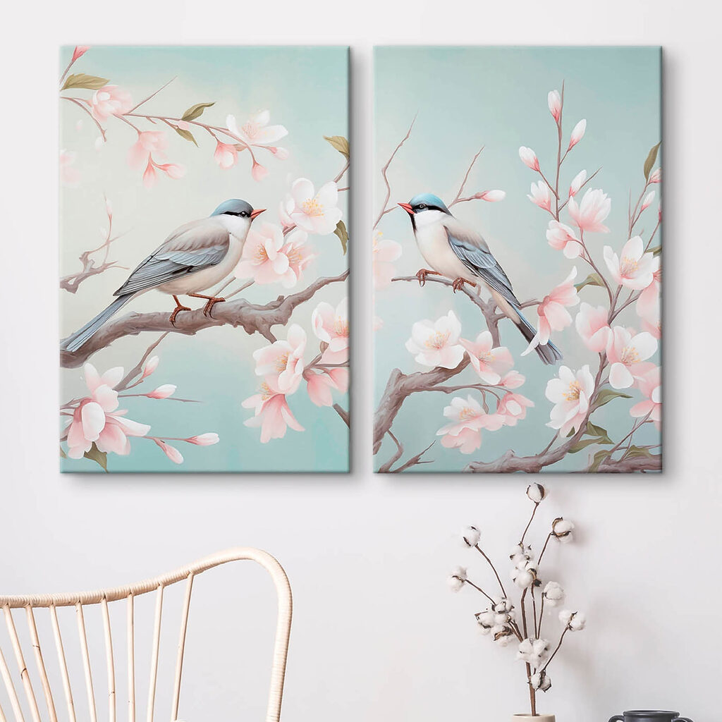 Oiseaux sur branches fleuries — intérieur 1