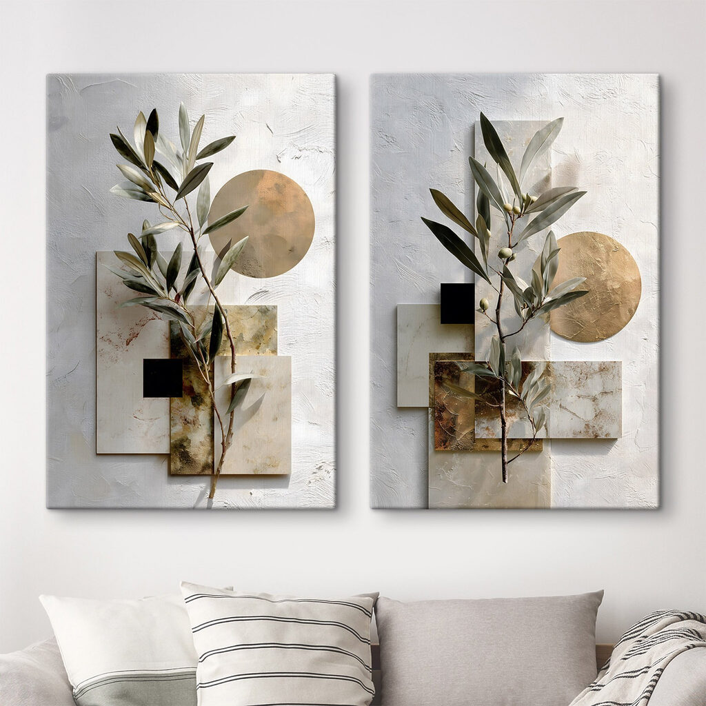 Feuilles et ombres géométriques dans un intérieur
