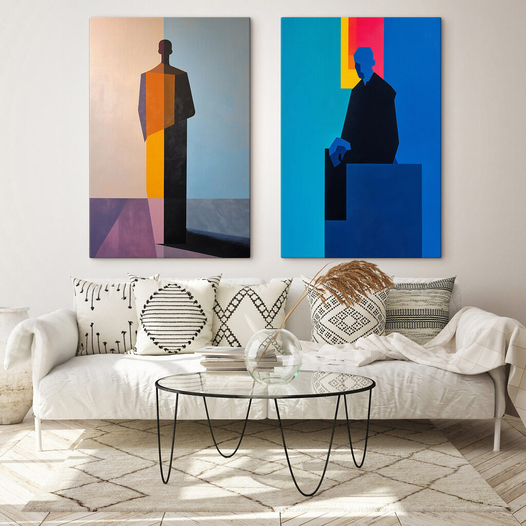 Silhouettes entre aplats vifs dans un intérieur