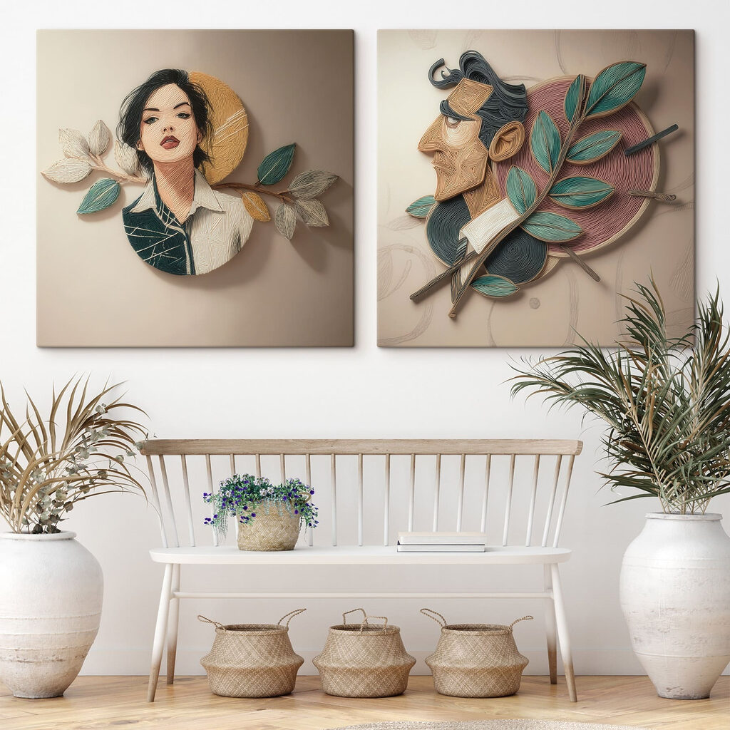 Portraits parmi les feuillages dans un intérieur