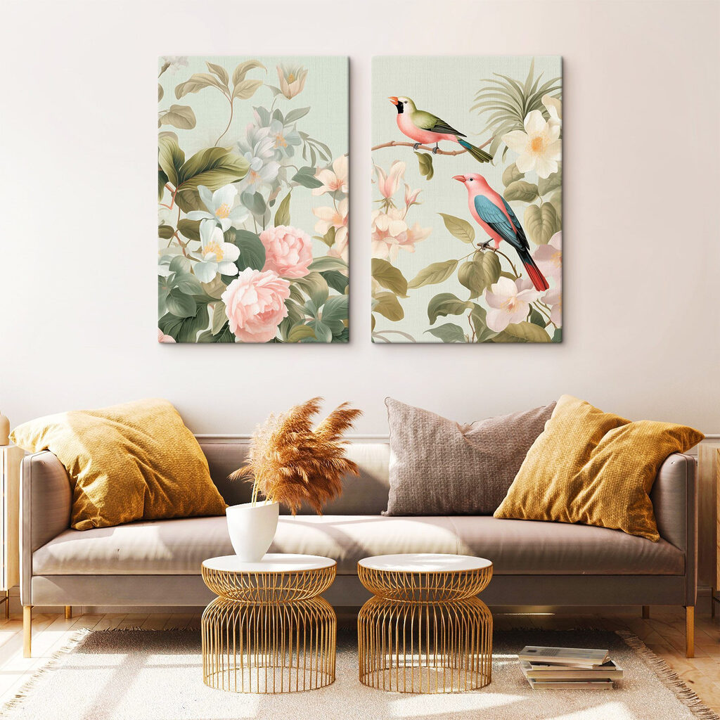 Oiseaux au jardin fleuri dans un intérieur