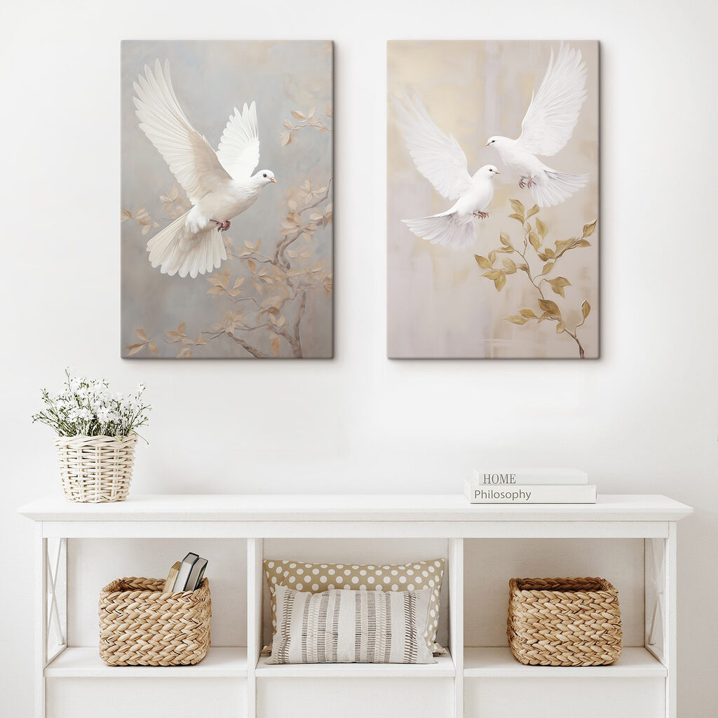 Oiseaux blancs en vol dans un intérieur