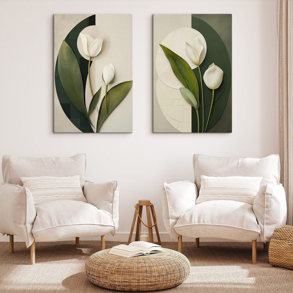Tulipes blanches et cercles dans un intérieur