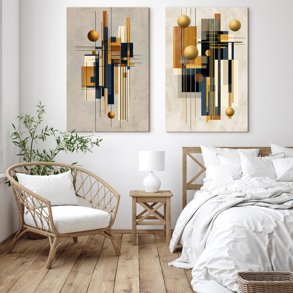 Sphères dorées et lignes dans un intérieur