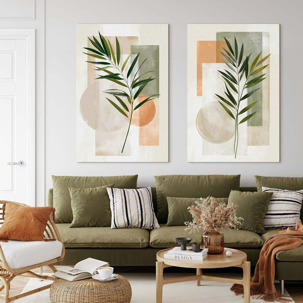 Palmes et aplats colorés dans un intérieur